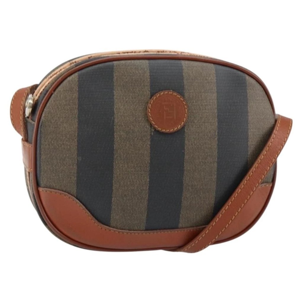 Fendi Pecan Canvas Shoulder Bag Pvc Black Brown Gold Auth Ep11355
